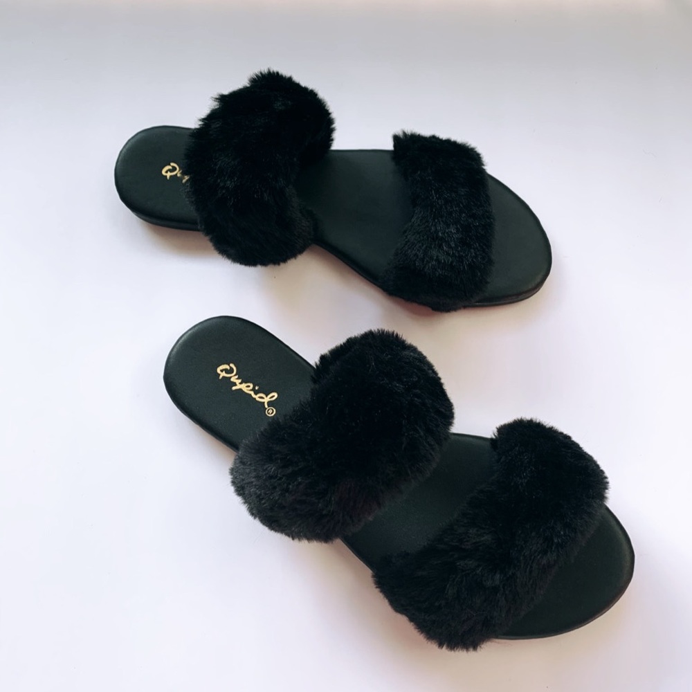 Black fuzzy fur slides slippers double band - Picture 3 of 11